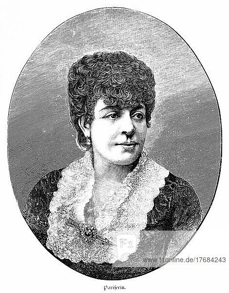 Junge Frau aus Paris  Rüschen  ovales Porträt  Brosche  Porträt  historische Illustration 1881