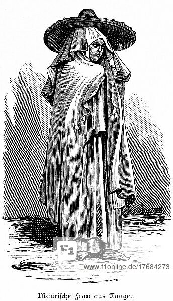 Maurische Frau  traditionelle Kleidung  breiter Hut  Schuhe  seitlicher Blick  Porträt  historische Illustration 1881  Tanger  Marokko  Afrika