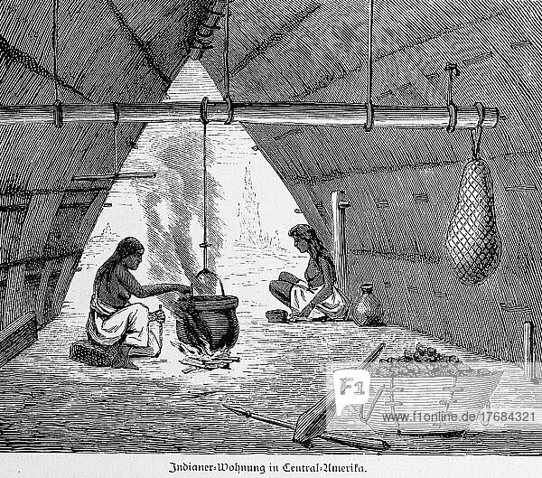 Zwei Fraün  Essen zubereiten  sitzen  traditionelles Haus  offenes Feuer  Kochtopf  Korb  historische Illustration 1881  Zentralamerika