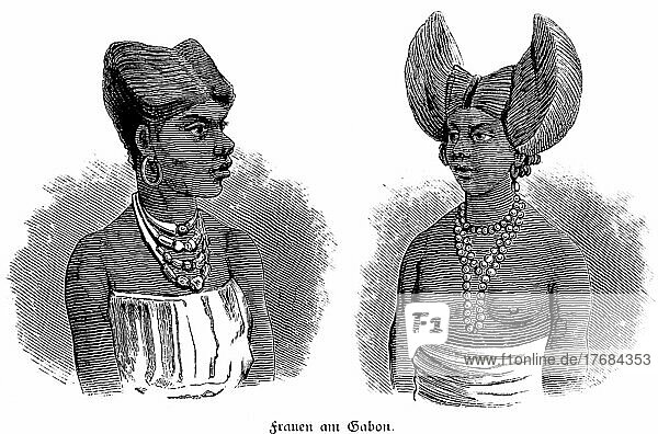Zwei Fraün  Eingeborene  traditionelle Frisur  Halsketten  Ohrringe  Porträt  historische Illustration 1881  Gabon Fluss  Gabun  Afrika