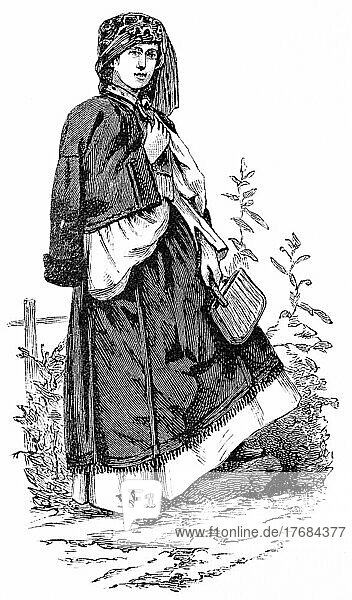 Junge Frau  Rumänien  Tracht  Tasche  im Freien  Blumen  Porträt  historische Illustration 1881  Europa