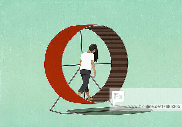 Tired woman walking in hamster wheel