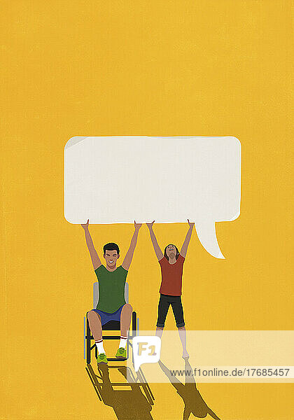 Portrait man in wheelchair and woman holding speech bubble overhead