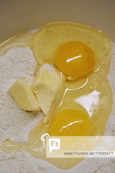 Close up eggs  butter and flour baking ingredients