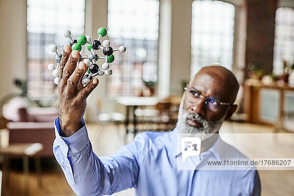 Scientist examining molecular model at home