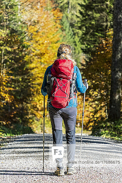 Female hiker standing in middle of gravel road