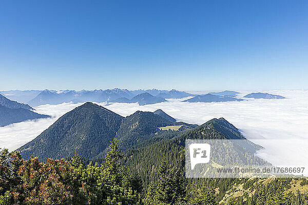Germany  Bavaria  View of Lake Walchen shrouded in thick summer fog