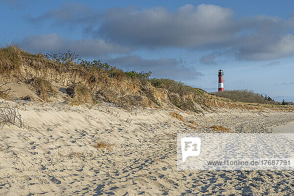 Germany  Schleswig-Holstein  Hornum  Sandy beach with Hornum Lighthouse in background