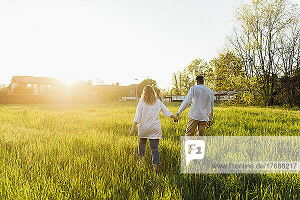 Couple holding hands walking on grass