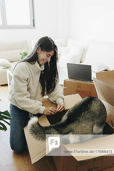 Happy young woman looking at playful dog standing in cardboard box
