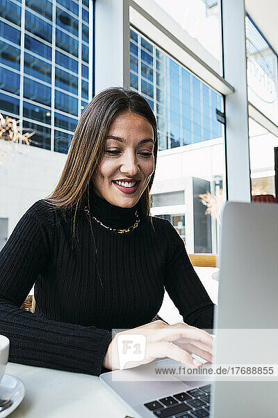 Smiling young businesswoman using laptop sitting in cafe