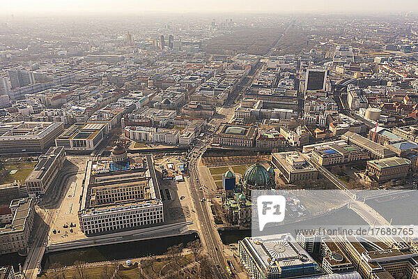 Germany  Berlin  Aerial view of Museum Island with Berlin Palace and Berlin Cathedral