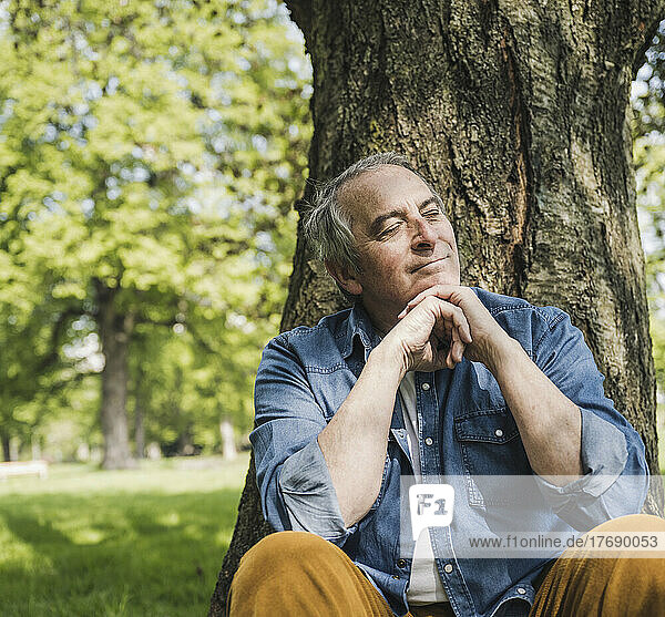 Smiling senior man with hand on chin sitting in front of tree