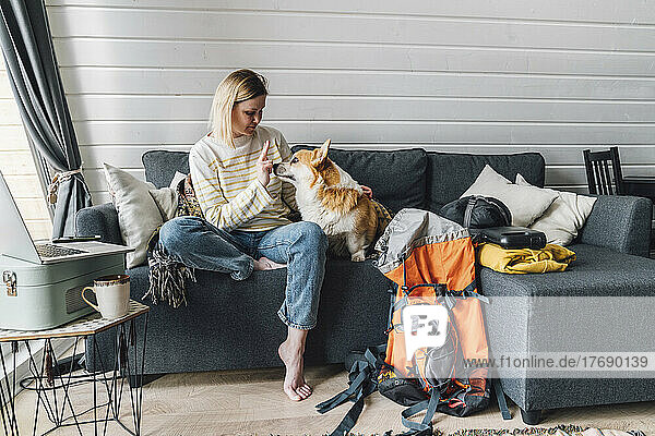 Woman giving obedience training to dog sitting on sofa at home