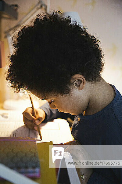 Junge mit lockigem Haar macht Hausaufgaben und schreibt in ein Buch