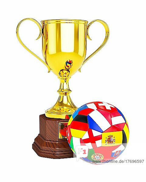3D-Rendering von Gold Trophäe Pokal und Fußball Fußball mit Euro 2016 Länder Flaggen vor weißem Hintergrund