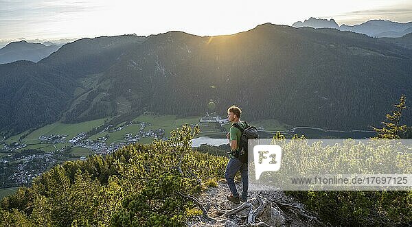 Wanderer steht auf Wanderweg zwischen Latschenkiefern  Blick auf Berglandschaft mit Pillersee  Abstieg vom Heimkehrerkreuz  Nuaracher Höhenweg  Loferer Steinberge  Tirol  Österreich  Europa