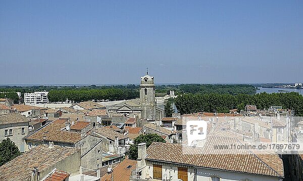 View from the amphitheatre over the old town of Arles with Eglise Saint-Julien and onto the river Rhone  department Bouches-du-Rhone  region Provence Alpes Cote d'Azur  France  Mediterranean Sea  Europe