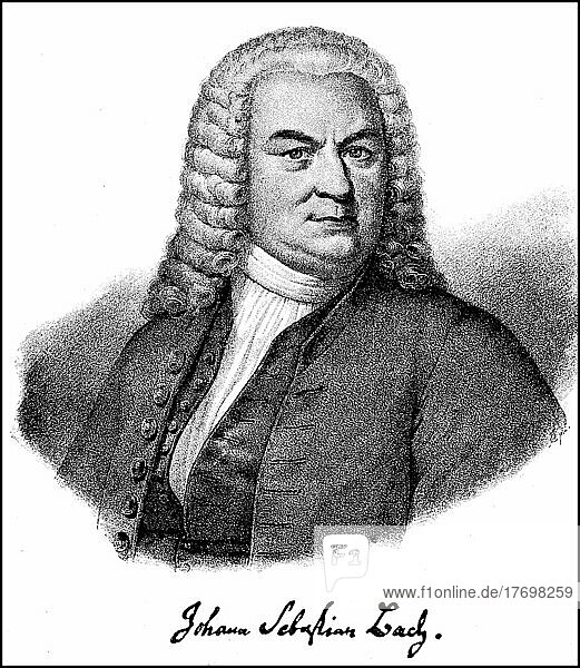 Johann Sebastian Bach  31. März 1685  28. Juli 1750  war ein deutscher Komponist  Kantor sowie Orgel- und Cembalovirtuose des Barocks  Historisch  digital restaurierte Reproduktion einer Vorlage aus dem 19. Jahrhundert  genaues Datum unbekannt