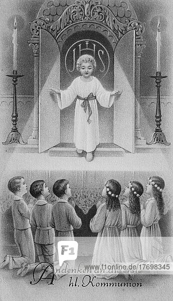Child Jesus surrounded by children  communion picture  souvenir of the Holy Communion  ca 1910  Germany  Historic  digitally restored reproduction of an original from the 19th century  exact original date not known  Europe