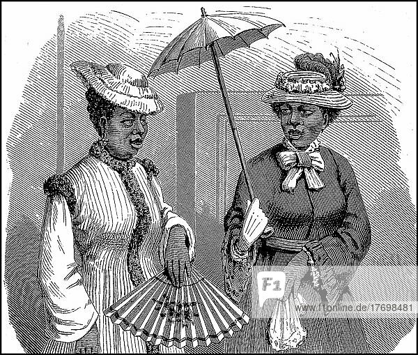 Dunkelhäutige Damen in Nordamerika  elegant mit Sonnenschirm und Fächer  Fraün im 19. Jahrhundert  Historisch  digital restaurierte Reproduktion einer Vorlage aus dem 19. Jahrhundert