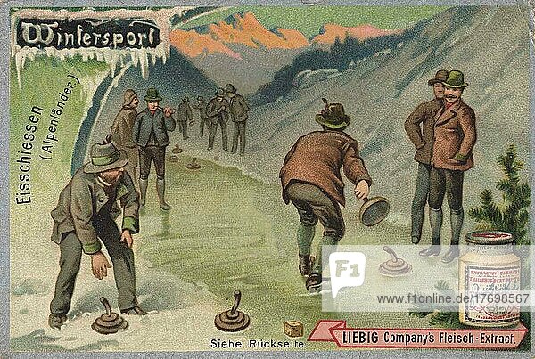 Serie Wintersport  das Eisstockschießen  Alpenländer  digital restaurierte Reproduktion eines Sammelbildes von ca 1900  Liebig Sammelbild  genaues Datum unbekannt