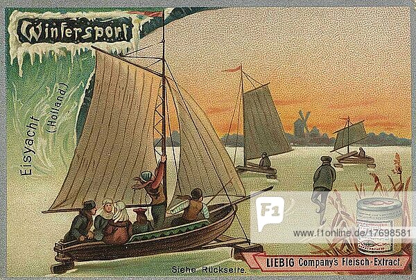 Serie Wintersport  Eisyacht segeln in Holland  digital restaurierte Reproduktion eines Sammelbildes von ca 1900  Liebig Sammelbild  genaues Datum unbekannt
