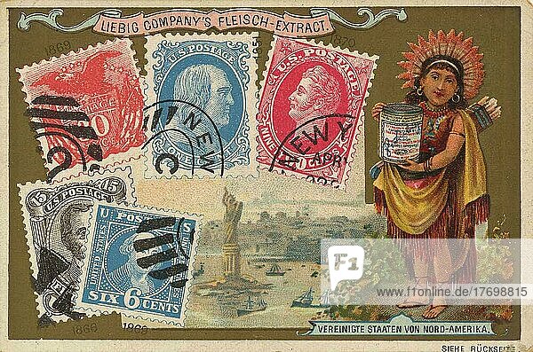 Bilderserie Länder und Briefmarken und Motive  Vereinigte Staaten von Amerika  Historisch  digital restaurierte Reproduktion eines Liebig Sammelbildes aus dem 19. Jahrhundert  genaues Datum nicht bekannt  Nordamerika