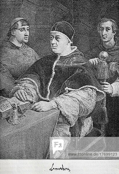 Pope Leo X 11 December 1475  1 December 1521  born Giovanni di Lorenzo de Medici  was Pope and ruler of the Papal States with Cardinal Medici and Cardinal Rossi from 9 March 1513 until his death in 1521  Historical  digitally restored reproduction of a 19th century original