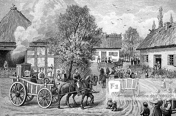 Hochzeitsbräuche  Mitgifttour um 1870  Braut auf der Pferdkutsche mit ihrem Hausstand wird durchs Dorf gefahren  Pommern  Deutschland  Europa