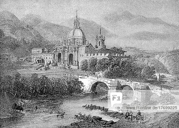 Kloster San Ignacio de Loyola mit dem Geburtshaus Loyolas in der Provinz Guipuzcoa  Spanien  Historisch  digital restaurierte Reproduktion einer Vorlage aus dem 19. Jahrhundert  Europa