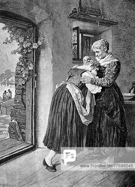 Eine junge Frau ist traurig  weil ihr Liebhaber sie verlassen hat. Sie sucht Trost bei ihrer Mutter  1876  England  Historisch  digital restaurierte Reproduktion einer Vorlage aus dem 19. Jahrhundert  genaues Datum nicht bekannt