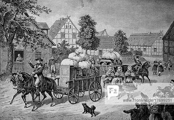 Die Betten der Braut sind durch das Dorf von einem Wagen gefahren  Brauchtum in Pommern  19. Jahrhundert  Historisch  digital restaurierte Reproduktion einer Vorlage aus dem 19. Jahrhundert  genaues Datum nicht bekannt