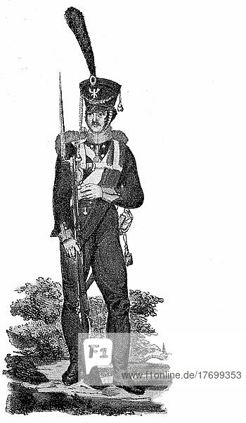 Prussian Grenadier of the Regiment Kaiser shore clingfish (1810)  Historical  digitally restored reproduction of a 19th century original