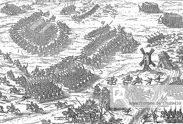 Die Schlacht bei Dreux  in der Schweiz auch Schlacht bei Blainville  fand am 19. Dezember 1562 im Rahmen der französischen Hugenottenkriege zwischen dem Heer der katholischen und der reformierten Partei statt und endete mit einem Sieg der Katholiken  Historisch  digital restaurierte Reproduktion einer Vorlage aus dem 19. Jahrhundert