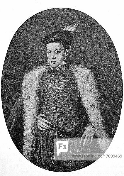 Don Carlos  Carlos de Austria  1545-1568  war Infant von Spanien aus dem Haus Österreich und als solcher von 1560 bis zu seinem Tod 1568 Fürst von Asturien  Historisch  digital restaurierte Reproduktion aus dem 19. Jahrhundert  genaues Datum unbekannt