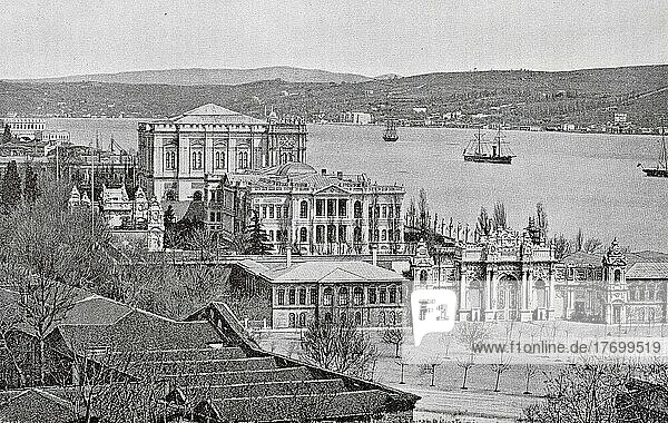 Dolmabahce-Palast  Palast Dolma-Bagdsche  ist ein 1843 bis 1856 unter der Leitung des Architekten Balian für den Sultan Abdülmecid erbauter Palast in Konstantinopel  heute Istanbul  Türkei  Historisch  digital restaurierte Reproduktion einer Vorlage aus dem 19. Jahrhundert  Asien
