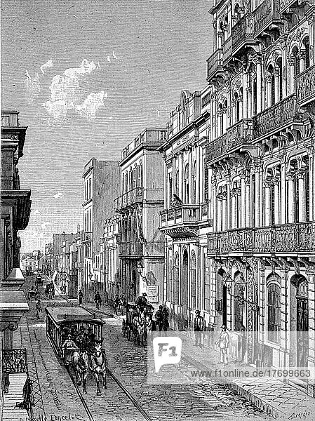 A street in Montevideo in 1870  Uruguay  Historical  digitally restored reproduction of a 19th century original  South America