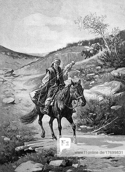 Huzlinfrau  auf dem Pferd reiten und Wolle spinnen  Arabien  1880  Historisch  digital restaurierte Reproduktion einer Vorlage aus dem 19. Jahrhundert