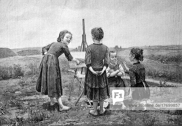 Kinder beim Malen in der Landschaft  1870  Frankreich  Historisch  digital restaurierte Reproduktion einer Vorlage aus dem 19. Jahrhundert  Europa