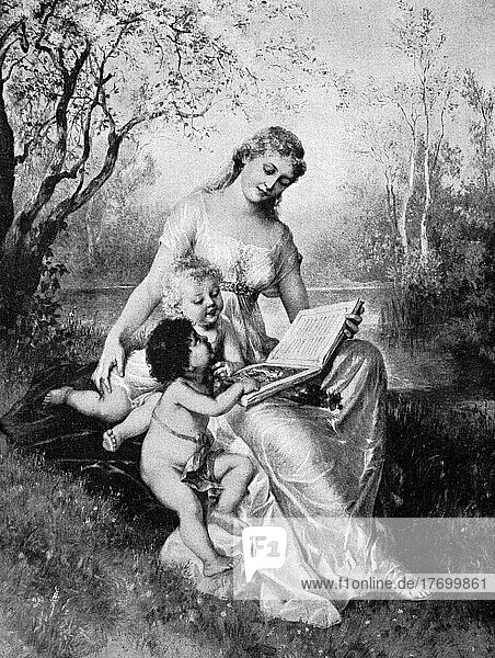 Märchenstunde am See  Mutter liest ihren Kindern aus einem Märchenbuch vor  1870  Deutschland  Historisch  digital restaurierte Reproduktion einer Vorlage aus dem 19. Jahrhundert  Europa