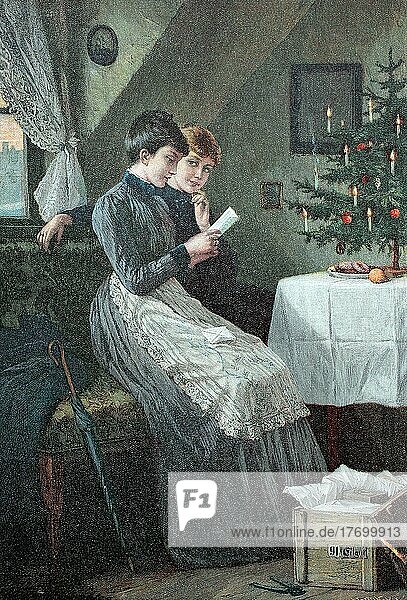 Weihnachtsabend in der Dachstube  zwei Fraün lesen vor einem Weihnachtsbaum einen Brief  Deutschland  Historisch  digital restaurierte Reproduktion einer Vorlage aus dem 19. Jahrhundert  Europa