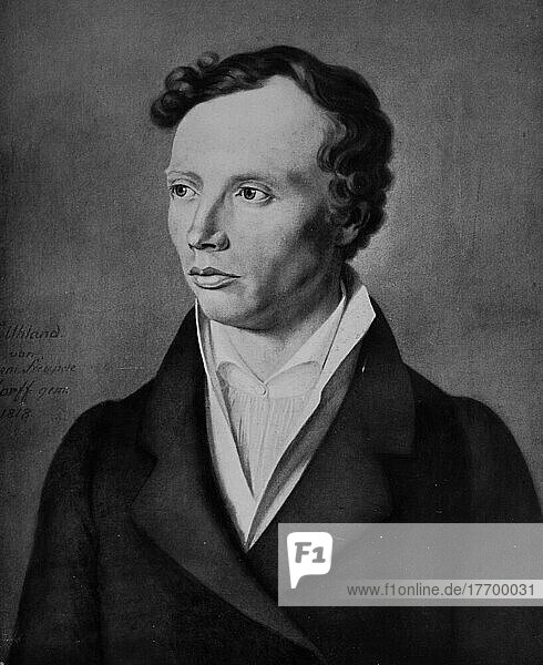 Johann Ludwig Uhland war ein deutscher Dichter  Philologe und Literaturhistoriker  Historisch  digital restaurierte Reproduktion von einer Vorlage aus dem 19. Jahrhundert