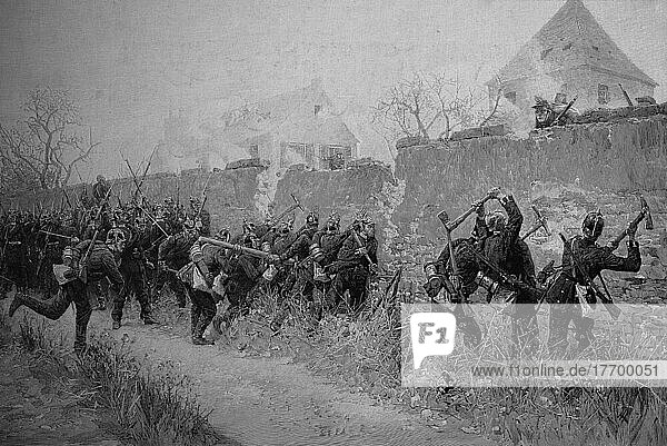 The Prussian Guard attacking the town of Le Bourget in France  Prussian-French War 1870  Historical  digitally restored reproduction from a 19th century original