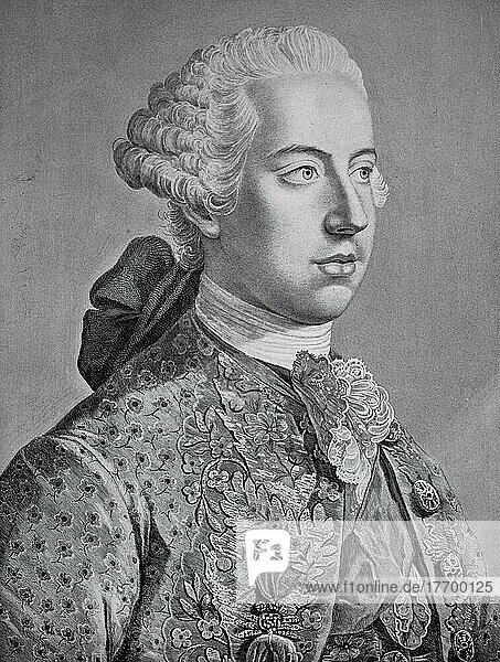 Joseph II. Joseph Benedikt Anton Michael Adam was Holy Roman Emperor from 1765 to 1790 and ruler of the Habsburg lands from 1780 to 1790  Historisch  digital restaurierte Reproduktion einer Vorlage aus dem 19. Jahrhundert