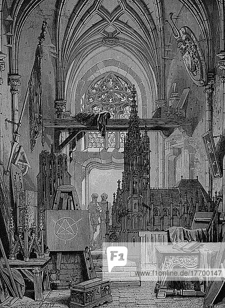 A building lodge  construction for the building of a Gothic cathedral  a guild  Historical  digitally restored reproduction from a 19th century original