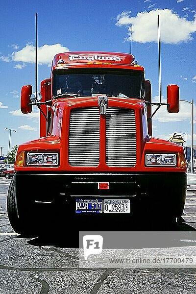 US truck  red  Kenworth brand  on highway car park  USA  North America
