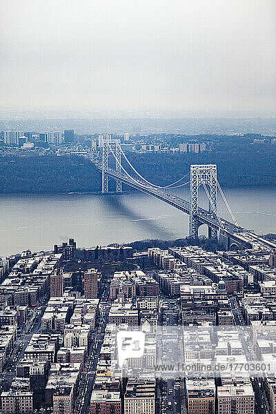 Bridge over river and cityscape of New York  USA