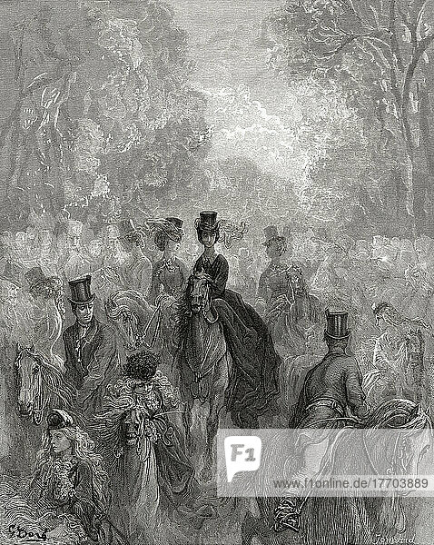 Die Ladies' Mile. Nach einer Illustration von Gustave Doré in der amerikanischen Ausgabe von London aus dem Jahr 1890: A Pilgrimage  geschrieben von Blanchard Jerrold und illustriert von Gustave Doré. Die Ladies' Mile war ein Ort auf der Nordseite der Serpentine im Londoner Hyde Park.