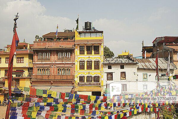 Buildings And Prayer Flags On The Main Square; Boudhanath  Nepal